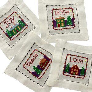 LINEN White Embroidered Christmas Cocktail Napkins Set 4; LOVE, PEACE, HOPE, JOY